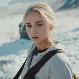 a blonde woman in a grey sweatshirt looking into the camera