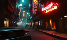 the neon lights of a business district are shining