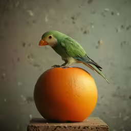 green and orange bird sitting on the edge of an orange