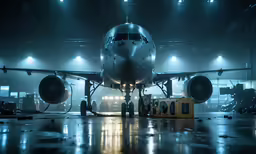 a commercial plane sits parked in an airplane hanger