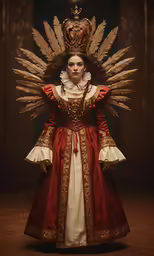a woman in renaissance costume with golden feathers on top of her head