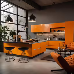 a kitchen with orange and black furniture in it