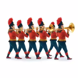 a group of marching band members dressed in red and blue outfits