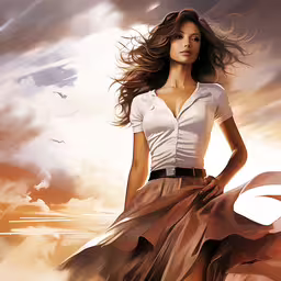 a young woman in a dress looking off into the distance,a beautiful young lady in a white shirt and skirt