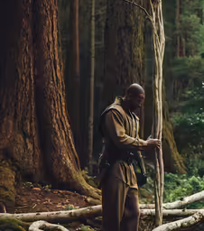 a person holding on to a stick in the woods