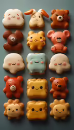 a variety of small toy animal decorations arranged on a blue surface