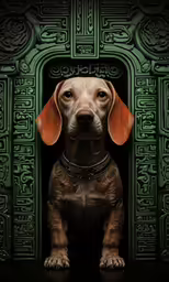 a dog sitting in an ornate doorway with a red collar