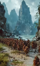 a bunch of animals are walking along the path
