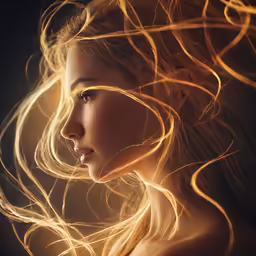 a woman with long hair blowing across her body
