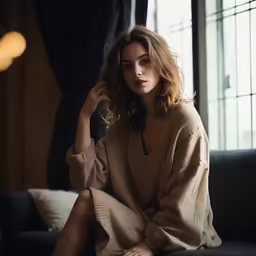 a beautiful woman in beige sitting on top of a couch