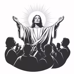 a black and white image of jesus in front of people