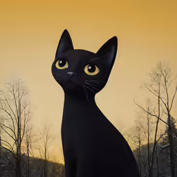 a black cat with bright yellow eyes sits in front of the woods