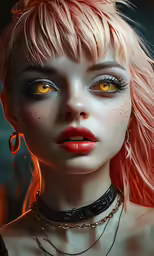 the woman has long hair, orange eyes and red lips