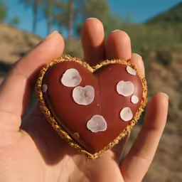 someone is holding a small heart shaped cookie
