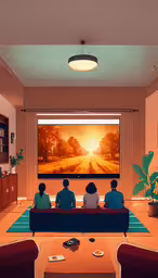 three people sitting on a couch watching television,people watch television on their couches in front of a large screen