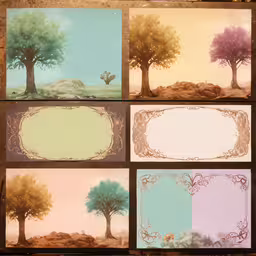 four square cards decorated with photos and trees,multiple frames of an old tree with a flower vase in the background