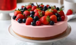 a plate with a cake that has strawberries and blueberries on top