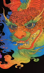 the face of a colorful dragon with red hair and green eyes