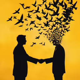 an image of two people with birds over their head