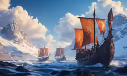 several ships on water near each other with mountains in the background