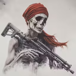 a woman with a gun and skull makeup in a photo
