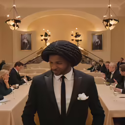 an african american man wearing a tuxedo in a formal dress room
