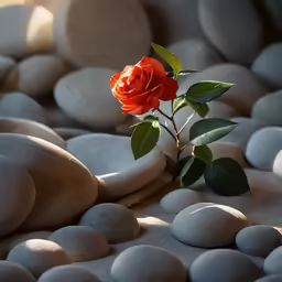 a lone rose sitting in between two rocks