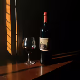 a bottle of wine, glass and light coming through the window
