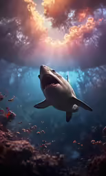 the computer generated image shows a shark swimming in a deep ocean