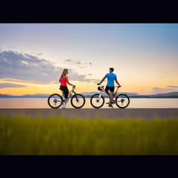 a man and woman are walking their bikes beside the ocean
