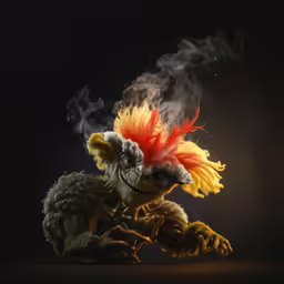 the figure depicts an angry demon with flames in his eyes