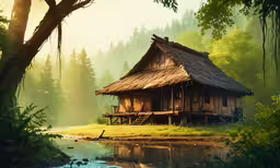 a hut sitting in the middle of a lush green field,an old house sitting next to a river
