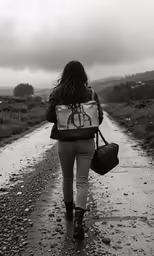 the woman is walking down the rain soaked path