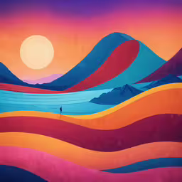 a painting with many different colors of the sky,painting - landscape, mountains with blue sky and orange sunset