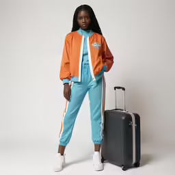 a woman poses with a rolling suitcase against a gray background