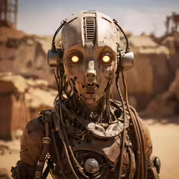 a robot with yellow eyes is posed for a photograph