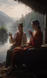 two women sitting on a beach drinking from a glass