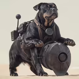 a dog holding a huge object in the desert
