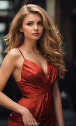 a woman in a red dress posing for the camera