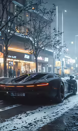 an exotic car is parked on the wet city street