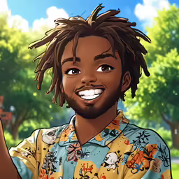 a man with dreadlocks in a yellow flower shirt smiling