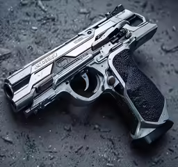an intricate gun is displayed in the middle of a dark surface