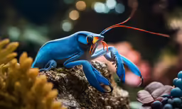 a blue frogfish perches on the edge of a coral reef