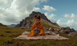 a child sitting on top of a blanket on top of a field