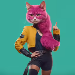 a cat with a pink fur stoler in front of a green background