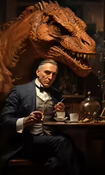 a man dressed up as abraham lincoln while sitting at a desk in front of a dinosaur