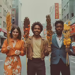 three people standing on the street holding up flowers