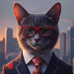 a cat with red glasses and a suit on