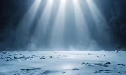 a winter scene with sunlight streaming through the top of a mountain
