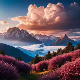 a colorful scene with mountains and trees with clouds